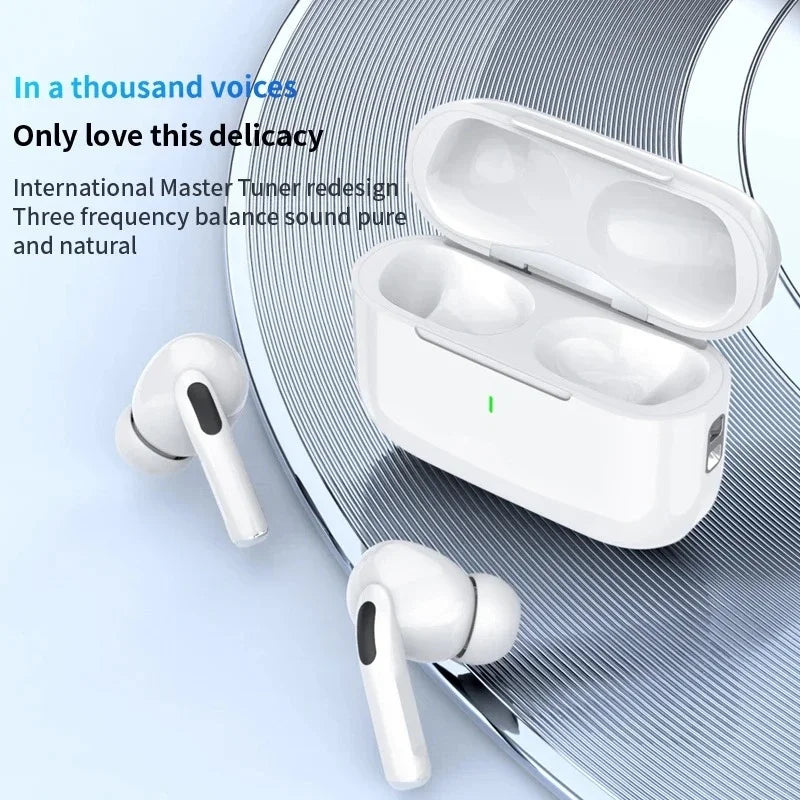 Air Pro Bluetooth earphones iPhone in white with charging case and modern design for superior sound quality