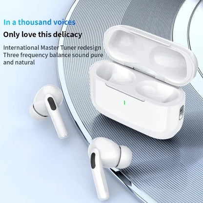 Air Pro Bluetooth earphones iPhone in white with charging case and modern design for superior sound quality