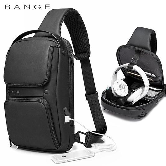 Men's chest bag casual in black with multiple compartments and USB charging port