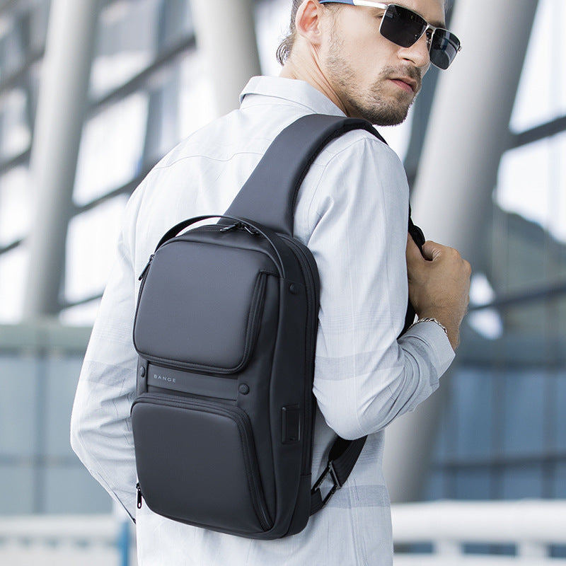 Stylish men's chest bag casual in black with multiple compartments for everyday use