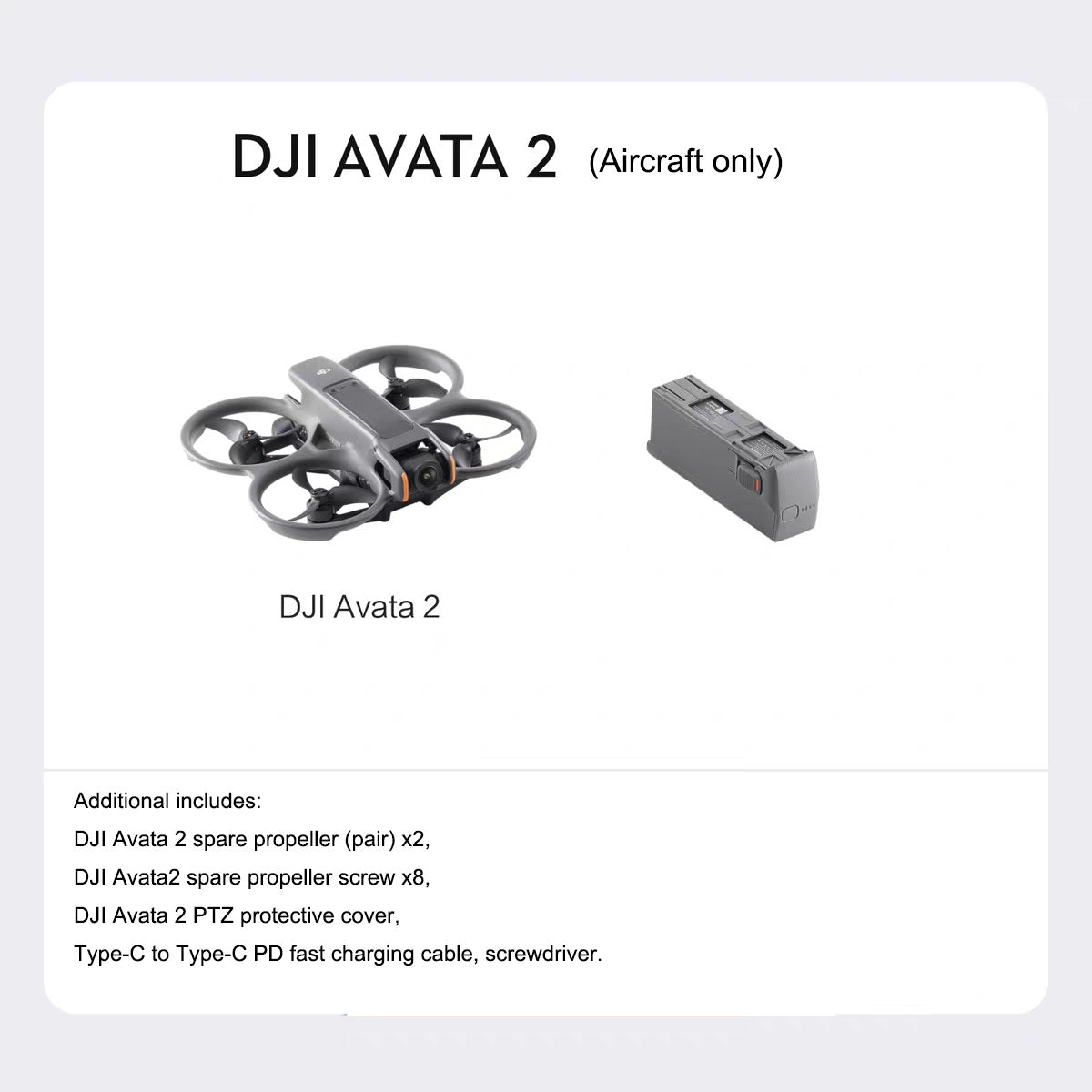 DJI Avata 2 drone and accessories including spare propellers and protective cover