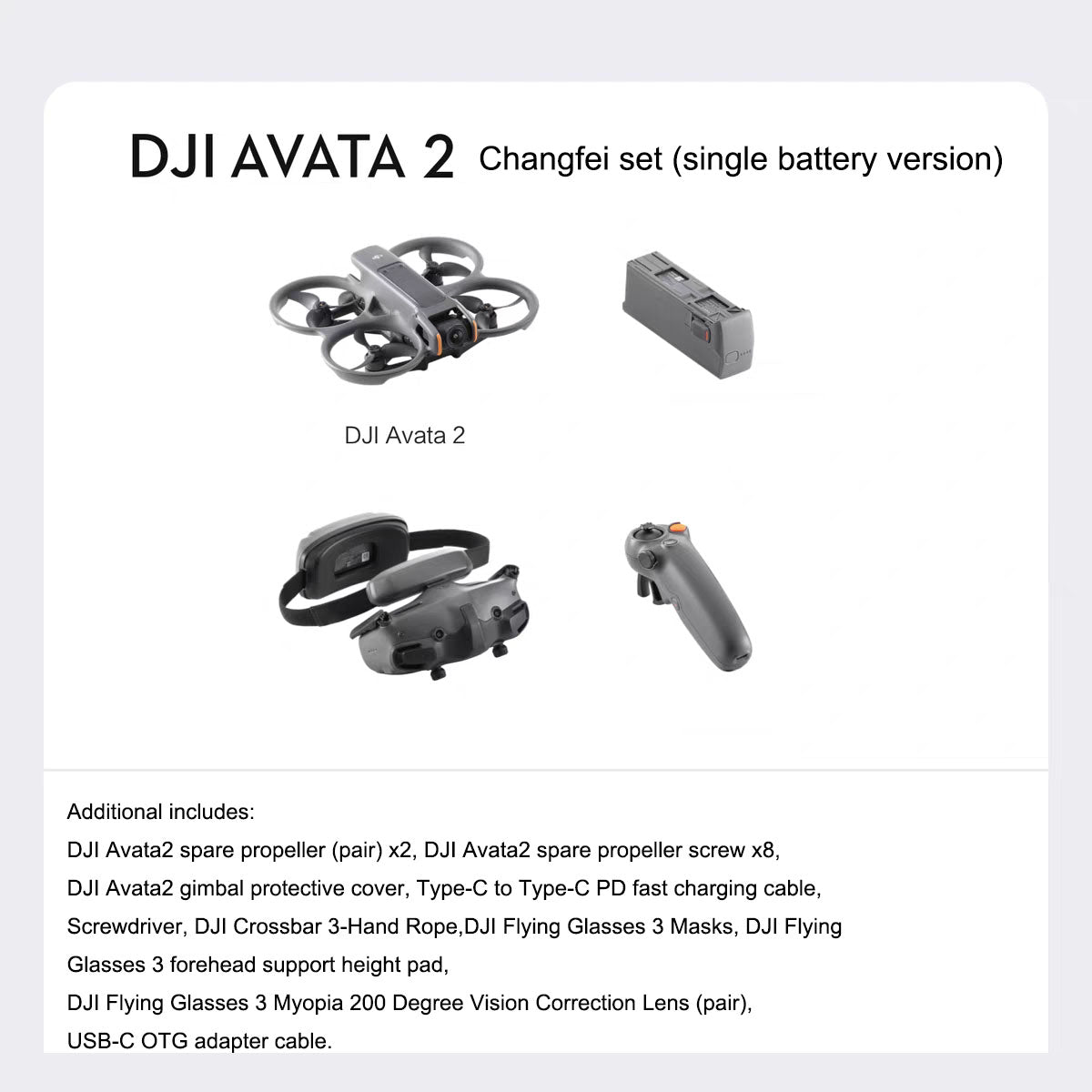 DJI Avata 2 drone with accessories including propellers, battery, charger, and goggles