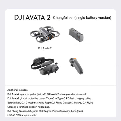 DJI Avata 2 drone with accessories including propellers, battery, charger, and goggles