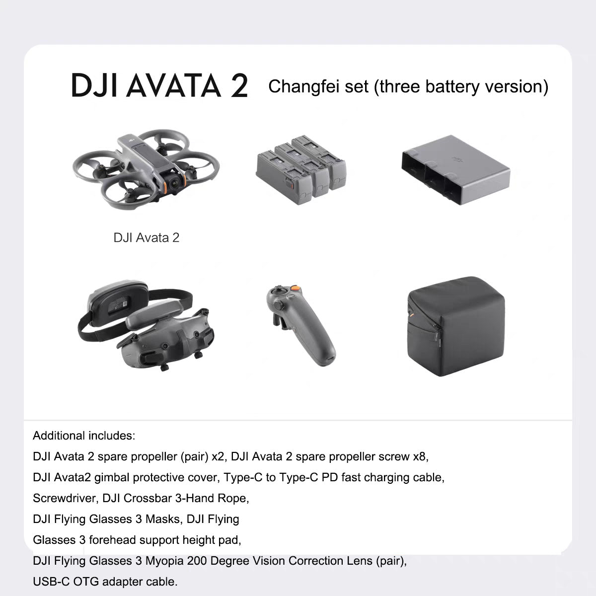 DJI Avata 2 drone changeover set with three batteries, gimbal protector, remote, and accessories
