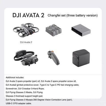 DJI Avata 2 drone changeover set with three batteries, gimbal protector, remote, and accessories