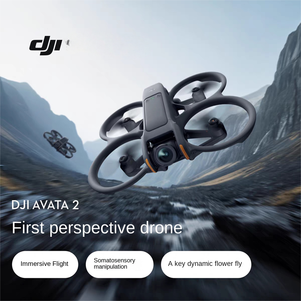 DJI Avata 2 drone flying over a mountain landscape showcasing immersive flight capabilities