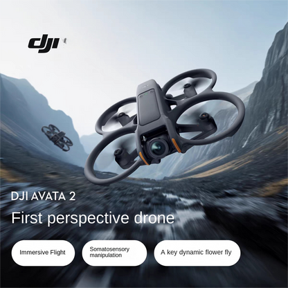 DJI Avata 2 drone flying over a mountain landscape showcasing immersive flight capabilities