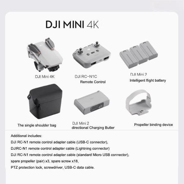DJI Mini 4K drone set with remote control, intelligent battery, and accessories for aerial photography