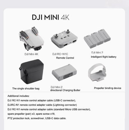 DJI Mini 4K drone set with remote control, intelligent battery, and accessories for aerial photography
