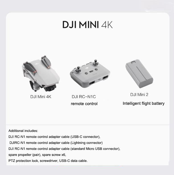DJI Mini 4K drone with remote control and intelligent flight battery components displayed