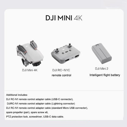 DJI Mini 4K drone with remote control and intelligent flight battery components displayed