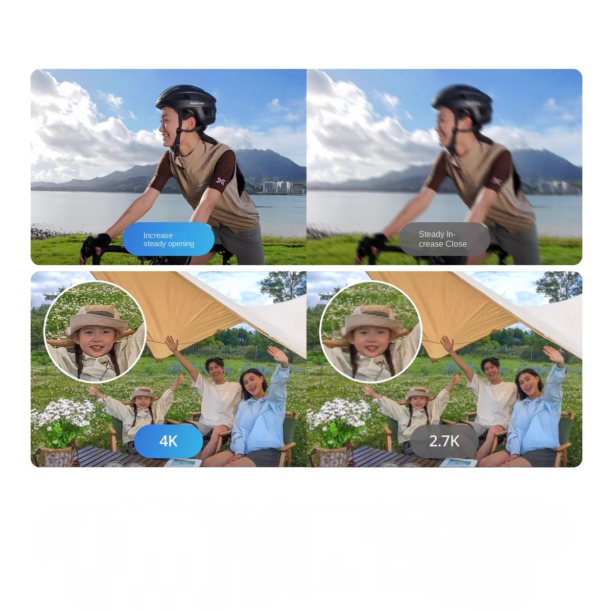 Handheld vlog drone camera showcasing 4K and 2.7K video quality with dynamic outdoor scenes
