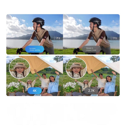 Handheld vlog drone camera showcasing 4K and 2.7K video quality with dynamic outdoor scenes