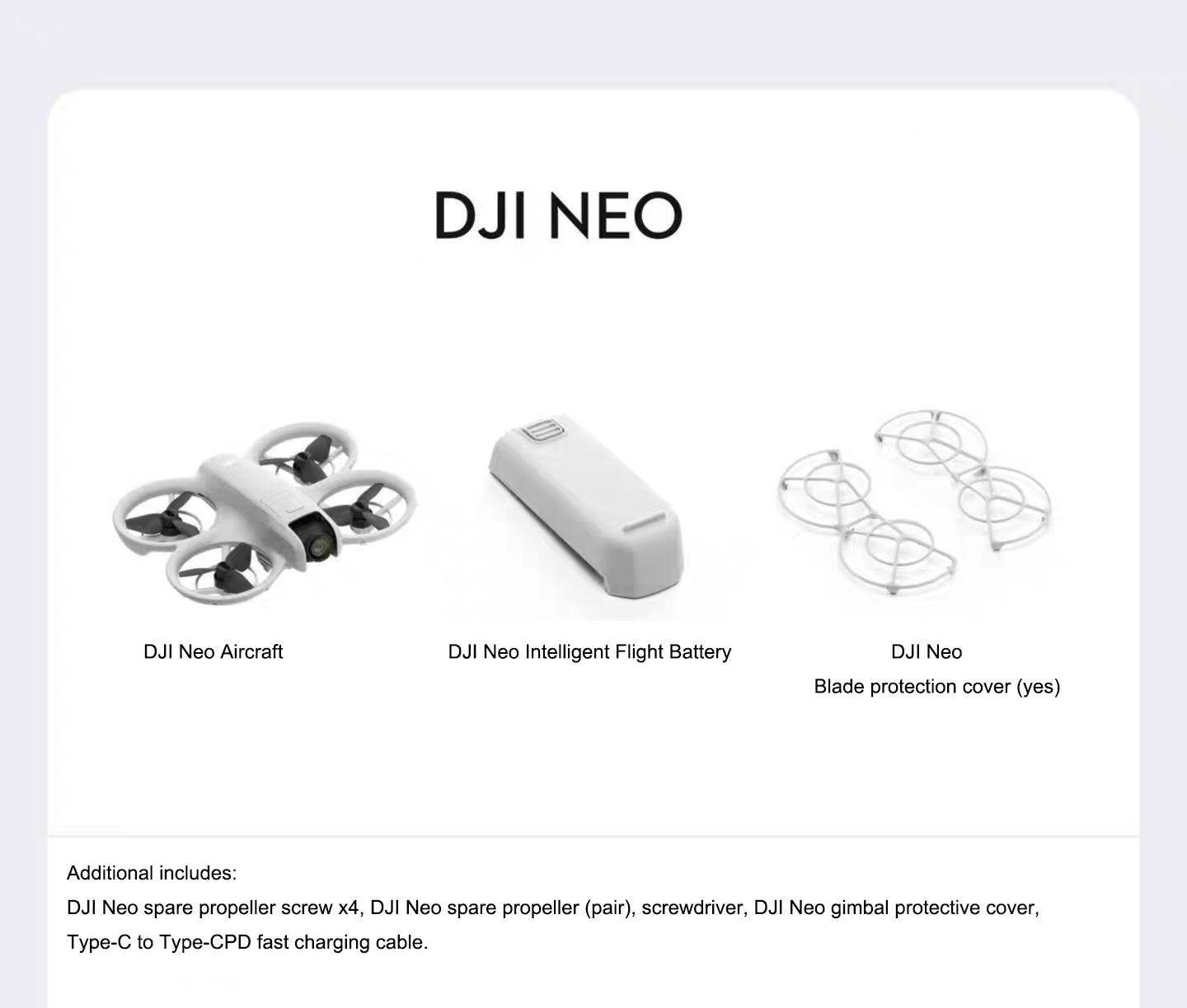DJI Neo handheld vlog drone camera with aircraft, battery, and protection covers for portable filming