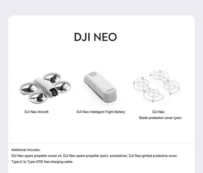 DJI Neo handheld vlog drone camera with aircraft, battery, and protection covers for portable filming